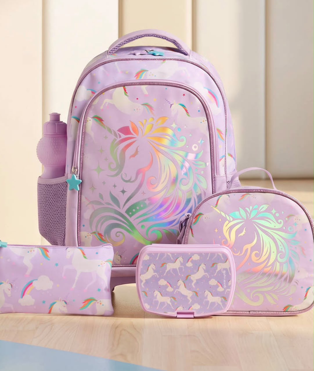 Pastel Unicorn Holographic 5-Piece School Backpack Set
